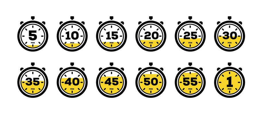 Set of timer and stopwatch icons. Kitchen timer icon with different minutes. Cooking time symbols and labels