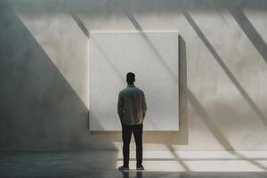 AI generated Solitary man observes a large canvas in a bright, shadow-patterned art gallery photo