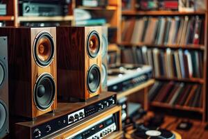 AI generated High-quality speakers, amplifier, and shelves of vinyls in a cozy audiophile's room photo