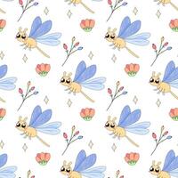Seamless pattern,cute simple dragonfly,bug insect,cartoon,baby,on white background for fabric,wrapping paper,wallpaper vector