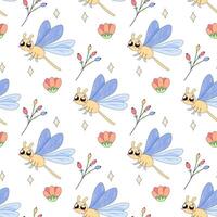 Seamless pattern,cute simple dragonfly,bug insect,cartoon,baby,on white background for fabric,wrapping paper,wallpaper vector