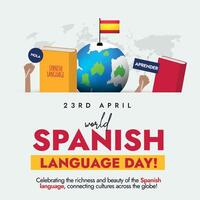 International Spanish Language day. 23rd April Spanish language day celebration social media post with silhouette world map, Spain flag on earth globe, books and hands holding banners of Learn, hello vector