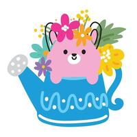 Cute rabbit line hand drawn style stay in watering plant with flower.Spring.Easter.Rodent animal character cartoon design.Baby graphic.Kawaii.Vector.Illustration. vector