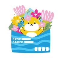 Cute shiba inu dog line hand drawn style stay in paper mail with flower.Spring time.Floral.Nature.Blooming.Sakura.Japanese pet animal character cartoon design.Baby graphic.Kawaii.Vector.Illustration. vector