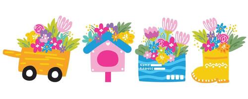 Set of cute various object with flower in line hand drawn.Spring.Flower.Blooming.Cart,bird house,paper mail,boots drawn design.Kawaii.Vector.Illustration. vector