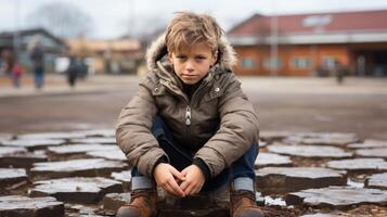AI generated Side view of a sad crying child boy at schoolyard, defocused background, copy space available photo