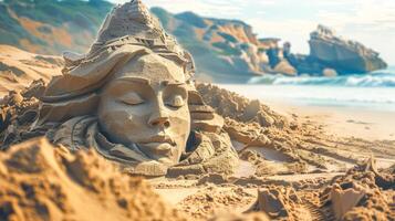 AI Generated Intricate sand sculpture on sunny beach photo