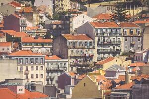 Lisbon, Portugal city skyline over Santa Justa Rua. photo