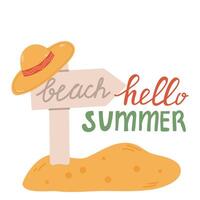 Background of a summer sea beach with a greeting.Hello, summer, a set of elements in the sand. The pointer is the beach, the hat. vector