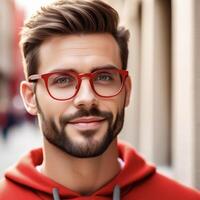 ai generado un joven hombre en un rojo encapuchado suéter con justa piel vistiendo borde rojo anteojos, marrón pelo y marrón barba foto