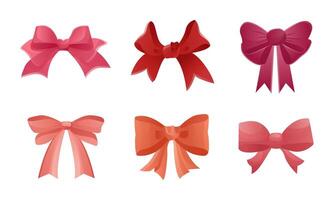 Set of bright orange-pink-red gradient ribbon bow. Collection of ribbon bows with volume. Vector