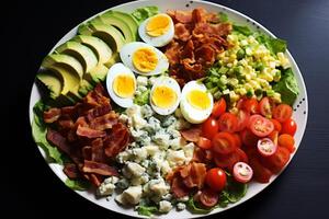 AI generated A classic Cobb salad with bacon, eggs, and blue cheese crumbles. Generative AI photo