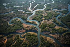 AI generated Aerial view of winding river deltas forming intricate waterways. Generative AI photo