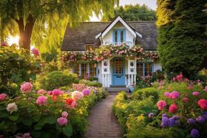 AI generated Charming cottage surrounded by a colorful and well-tended garden. Generative AI photo