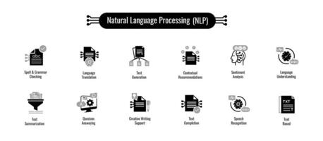 Text Processing and Analysis Icons. Understand and manipulate text. Icons for NLP, analysis, summarization, sentiment and more. vector