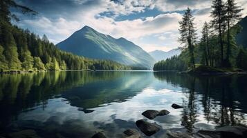 AI generated Calm and beautiful lake view with clouds and hills photo