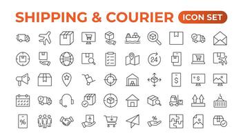 Delivery icons set. Collection of simple linear web such as Shipping By Sea Air,Date, Courier,  Return Search,Parcel, Fast Shipping. service icon Contains order tracking, courier, and cargo icons. vector