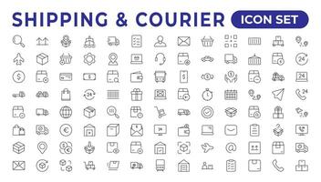 Delivery icons set. Collection of simple linear web such as Shipping By Sea Air,Date, Courier,  Return Search,Parcel, Fast Shipping. service icon Contains order tracking, courier, and cargo icons. vector