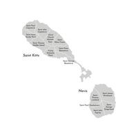 Vector isolated illustration of simplified administrative map of Saint Kitts and Nevis. Borders and names of the parishe, regions. Grey silhouettes. White outline.