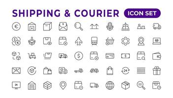 Delivery icons set. Collection of simple linear web such as Shipping By Sea Air,Date, Courier,  Return Search,Parcel, Fast Shipping. service icon Contains order tracking, courier, and cargo icons. vector