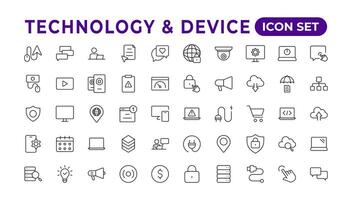 Devices and Electronics related line icons.Computers mobile phones vector linear icon set.Device Icons,smartphone, tablet, laptop desktop computer. Vector illustration, flat design.Outline icon.