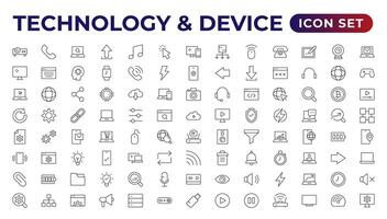 Devices and Electronics related line icons.Computers mobile phones vector linear icon set.Device Icons,smartphone, tablet, laptop desktop computer. Vector illustration, flat design.Outline icon.