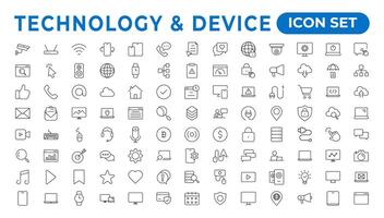 Devices and Electronics related line icons.Computers mobile phones vector linear icon set.Device Icons,smartphone, tablet, laptop desktop computer. Vector illustration, flat design.Outline icon.