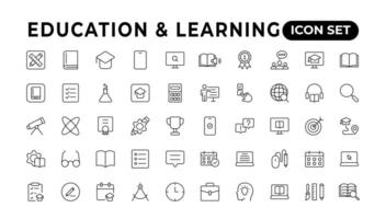 Education line icon collection.Contains knowledge, college, task list, design, training, idea, teacher, file, graduation hat, institute, ruler,and telescope. Education set of web icons in style. vector