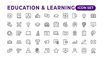 Education line icon collection.Contains knowledge, college, task list, design, training, idea, teacher, file, graduation hat, institute, ruler,and telescope.Education set of web icons in style. vector