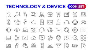 Devices and Electronics related line icons.Computers mobile phones vector linear icon set.Device Icons,smartphone, tablet, laptop desktop computer. Vector illustration, flat design.Outline icon.