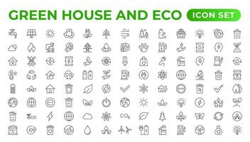 Eco-friendly related thin line icon set in minimal style. Linear ecology icons. Environmental sustainability simple symbol. Simple Set of  Line Icons.Global Warming, Forests, Organic Farming. vector