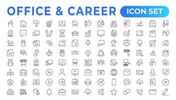 Set of thin line icons related to team, teamwork, co-workers, and cooperation.Linear business simple symbol collection.Business training and office collection. Big UI icon set. Thin outline pack. vector