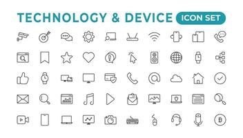 Devices and Electronics related line icons.Computers mobile phones vector linear icon set.Device Icons,smartphone, tablet, laptop desktop computer. Vector illustration, flat design.Outline icon.