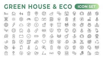 Eco-friendly related thin line icon set in minimal style. Linear ecology icons. Environmental sustainability simple symbol. Simple Set of  Line Icons.Global Warming, Forests, Organic Farming. vector