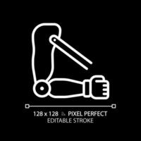 Transhumeral prosthetic arm white linear icon for dark theme. Biomedical engineering. Robotic technology. Bionic exoskeleton. Thin line illustration. Isolated symbol for night mode. Editable stroke vector