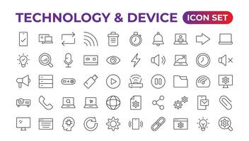 Devices and Electronics related line icons.Computers mobile phones vector linear icon set.Device Icons,smartphone, tablet, laptop desktop computer. Vector illustration, flat design.Outline icon.