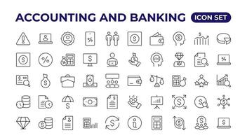 Set of line icons related to accounting, audit, and taxes. Outline icon collection. Businesssymbols.Income set. Containing money, tax, earnings, payment,paycheck, work, pension, and wages icons. vector