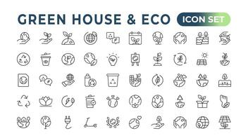 Eco-friendly related thin line icon set in minimal style. Linear ecology icons. Environmental sustainability simple symbol. Simple Set of  Line Icons.Global Warming, Forests, Organic Farming. vector