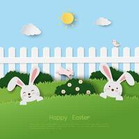 Happy Easter greeting card,celebrate theme with easter eggs and rabbits on paper cut and craft style vector