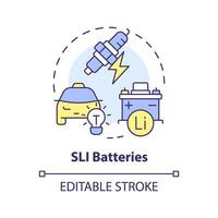 SLI batteries multi color concept icon. Accumulator sustainability. Electric vehicle. Battery life span. Round shape line illustration. Abstract idea. Graphic design. Easy to use in brochure, booklet vector