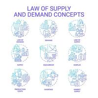 Law of supply blue gradient concept icons. Price, quantity of goods, service in market. Supply and demand. Icon pack. Vector images. Round shape illustrations for brochures in marketing. Abstract idea