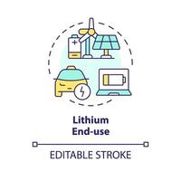 Lithium end-use multi color concept icon. Consumer electronics, portable. Electric vehicle charging. Round shape line illustration. Abstract idea. Graphic design. Easy to use in brochure, booklet vector