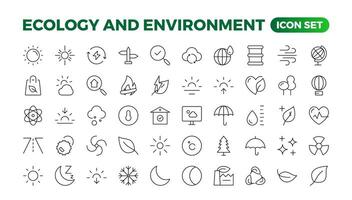 ecología icono colocar. Respetuoso del medio ambiente icono, naturaleza íconos conjunto.lineal ecología iconos ambiental sustentabilidad sencillo símbolo. sencillo conjunto de línea iconos.global calentamiento, bosques, orgánico agricultura. vector