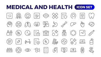 Health and Medical linear icons such as Scalpel, Saline, Optometrist, Otoscope, Patch, and Pregnancy test line icons.Medecine flat icons. Collection of health care medical signs. Outline icon set. vector