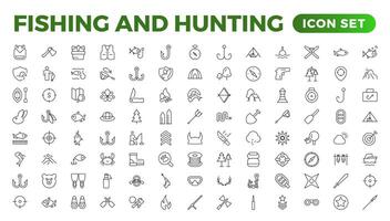 Hunting and fishing icon set.Hunting and fishing line icons collection. Big UI icon set in a flat design. Thin outline icons pack. Mushrooming, Fishing, and Hunting. Outline icon set. vector
