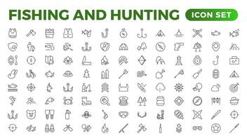 Hunting and fishing icon set.Hunting and fishing line icons collection. Big UI icon set in a flat design. Thin outline icons pack. Mushrooming, Fishing, and Hunting. Outline icon set. vector