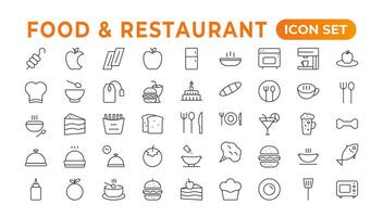 Food icon collection. Containing meal, restaurant, dishes, and fruit icons. Set of outline icons related to food and drink. Linear icon collection. Outline icons such as drink water,apple leaf,pack. vector