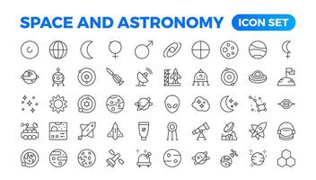 Astronomy icon set. Containing satellites, the universe, astronauts, rocket, comet, telescopes, and planet icons.space Vector Line Icons, thin line style. Contains such Icons as space, planets, alien,