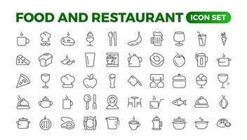 Food icon collection. Containing meal, restaurant, dishes, and fruit icons. Set of outline icons related to food and drink. Linear icon collection. Outline icons such as drink water,apple leaf,pack. vector