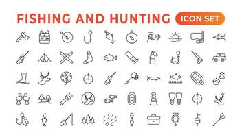 Hunting and fishing icon set.Hunting and fishing line icons collection. Big UI icon set in a flat design. Thin outline icons pack. Mushrooming, Fishing, and Hunting. Outline icon set. vector